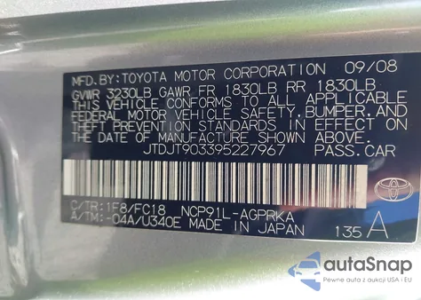 2009 Toyota Yaris from USA, damaged, VIN JTDJT903395227967